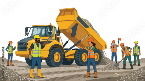 Construction Site Workers Operating Dump Truck Vector Illustration Showing Diverse Team Collaborating on Roadwork Project