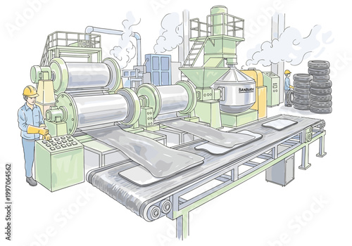 Industrial rubber manufacturing process with machinery and workers