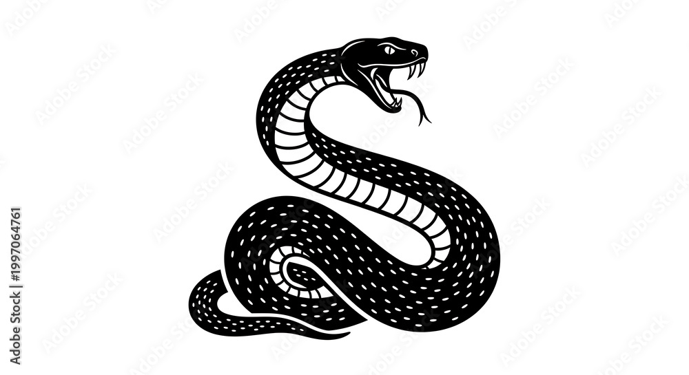Fototapeta premium Black and white of a coiled rattlesnake with detailed scales and rattle reptile