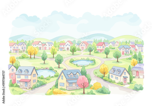 Charming suburban neighborhood with colorful houses and green spaces
