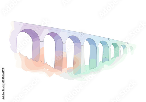 Watercolor illustration of a long ancient aqueduct with arches and pastel colors
