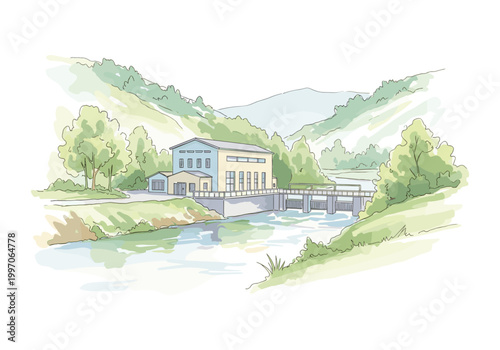 Watercolor illustration of a hydroelectric power plant nestled in a lush green valley