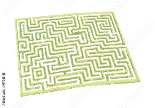 Green hedge maze with winding paths and grassy borders, viewed from above