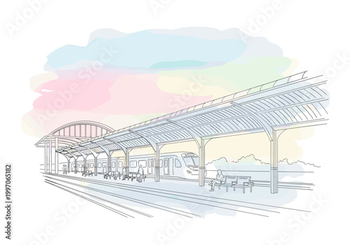 Modern train station platform with passengers waiting under a covered canopy