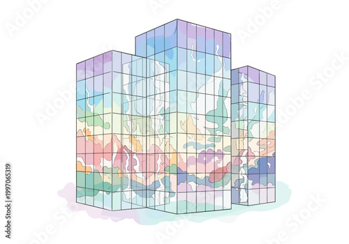Modern glass office buildings with colorful abstract reflections on windows
