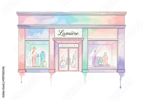 Charming boutique storefront with pastel watercolor accents and elegant displays