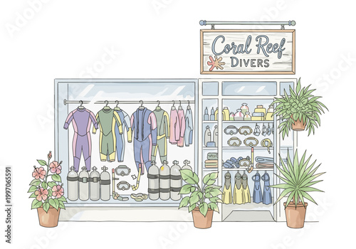 Dive shop display with wetsuits, tanks, masks, and fins for sale