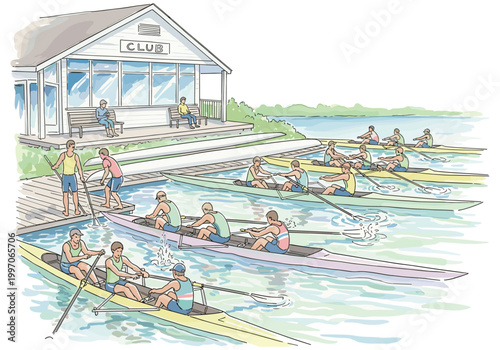 Rowing club members practice racing on a sunny day by the water