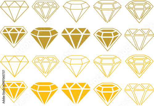 Collection of sparkling diamond illustrations in various cuts and colors