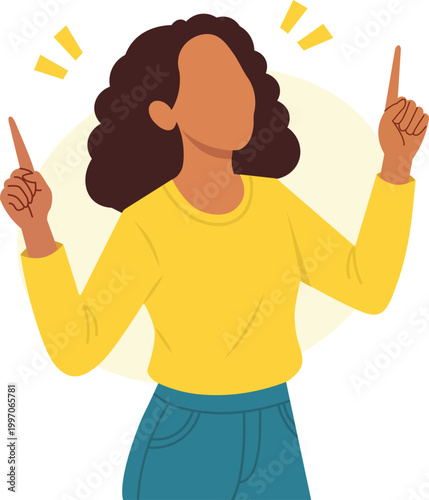 Woman Pointing Fingers Illustration. Includes Happy, Gesture, Promotion, Showing, Presentation, Choice, Direction, and Advertising. Professional Flat Vector Illustration.