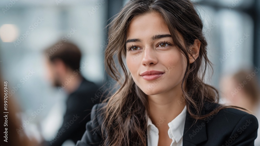 Obraz premium Business meeting takes place in a modern office where a woman listens and engages with her colleagues in conversation during the afternoon