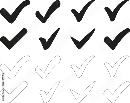 Collection of black check mark icons and symbols on white background