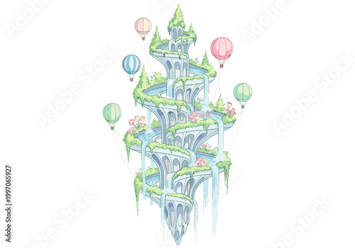 Whimsical floating island castle with waterfalls and hot air balloons
