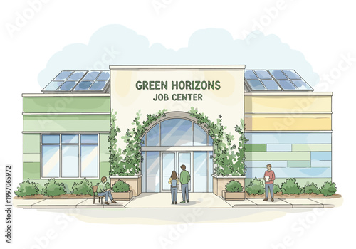 Modern green job center building with solar panels and people outside