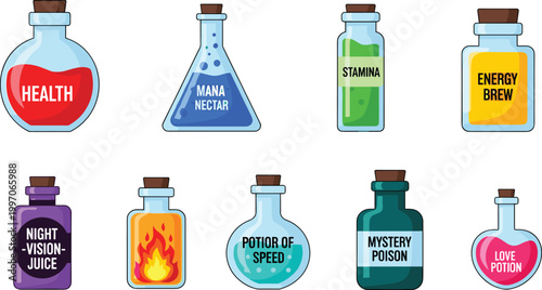 Fantasy Potion Vector Set Featuring Health Elixirs, Energy Brews, Love Potions, and Magical Drink Bottles for Fantasy and Alchemy Illustrations