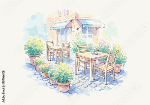 Charming outdoor cafe seating area with potted plants and tables