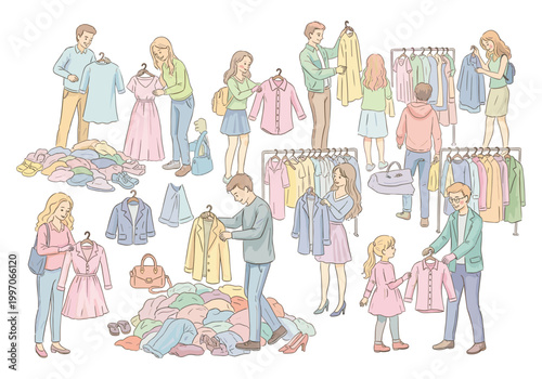 Diverse group of people shopping for clothes at a busy retail store
