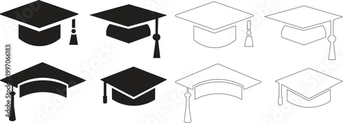 Graduation cap icons black silhouette and line art variations