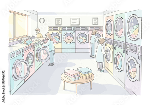 People doing laundry at a bright, colorful laundromat with rows of washing machines