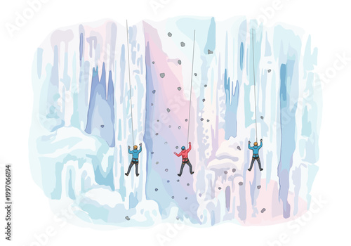 Three climbers ascend a frozen waterfall with ropes and harnesses in a watercolor style