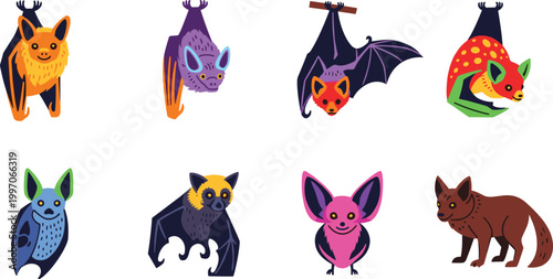 Cute Bat and Flying Mammal Vector Set Featuring Colorful Bats, Flying Foxes, and Fantasy Creatures for Wildlife and Animal Illustration