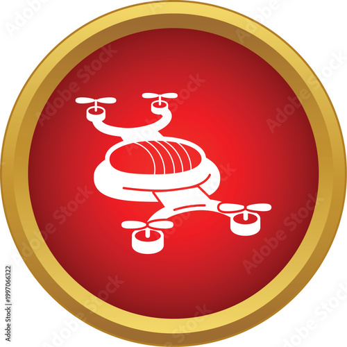 Drone icon showing a modern quadcopter flying within a red circle