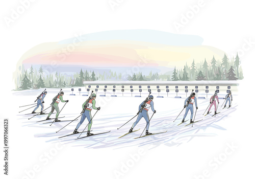 Biathlon athletes ski towards the shooting range in a winter competition