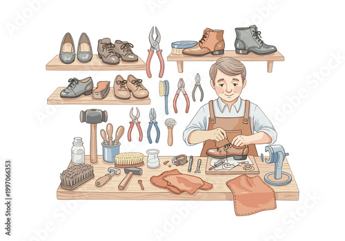Skilled cobbler meticulously repairs a leather shoe with various tools and materials