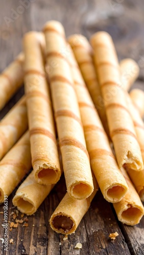Close-up photo showing a pile of golden-brown, cylindrical, crispy treats. Each has spiral lines along the surface