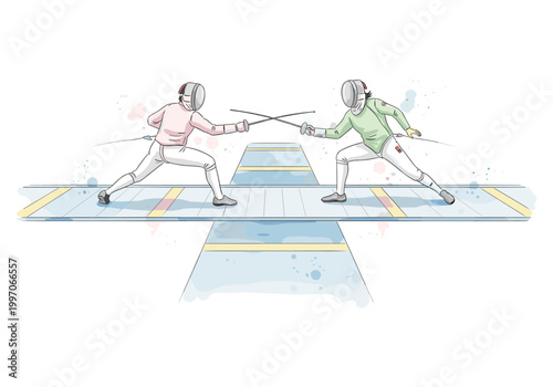 Two fencers in protective gear engage in a duel on a competition piste