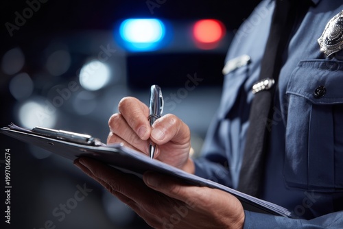 Close-up of Police Officer Taking Notes During Missing Person Report at Night With Emergency Lights in the Background