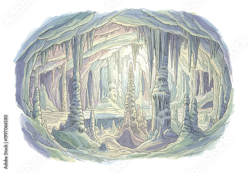 Vast underground cavern filled with numerous stalactites and stalagmites in soft pastel colors