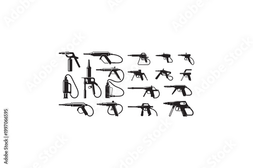 Grease Gun tool various style vector silhouettes black color image. 