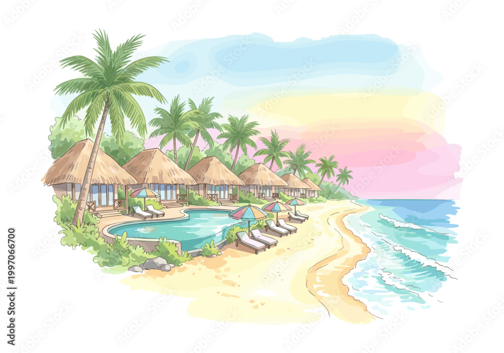 Obraz premium Tropical beach resort with bungalows, swimming pool, and ocean view at sunset