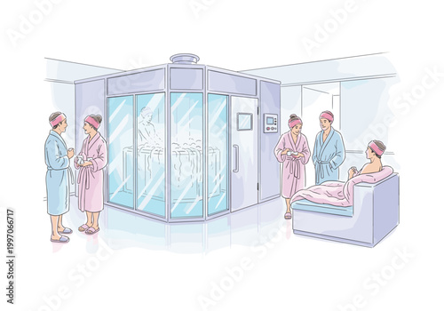 People in a modern spa enjoying various wellness treatments and relaxation services