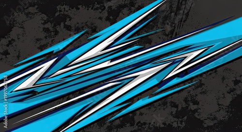 Abstract blue and white racing livery graphic on dark background
