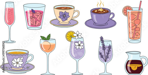 Floral and Elegant Drink Vector Set Featuring Iced Teas, Cocktails, Coffee, and Flower Infused Beverages for Relaxing Drink Illustrations
