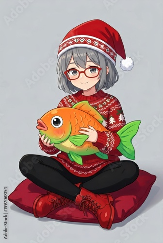 Girl in Santa Hat Holding Fish Plush Toy