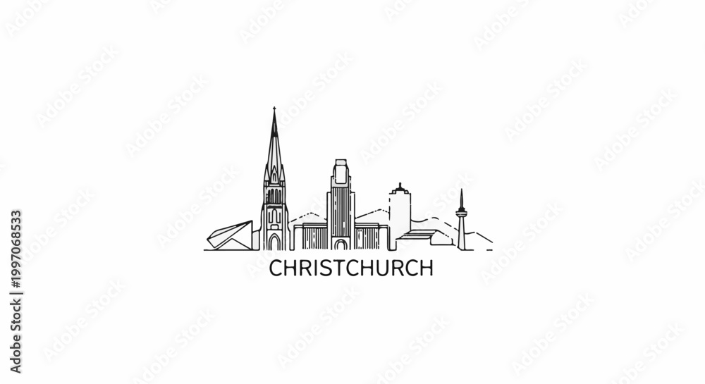 Fototapeta premium Minimalist line art silhouette of a city skyline with a prominent spire and tower