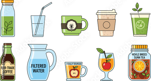 Healthy Beverage Vector Set Featuring Green Tea, Coffee, Infused Water, and Fresh Juices for Wellness Drink Illustrations