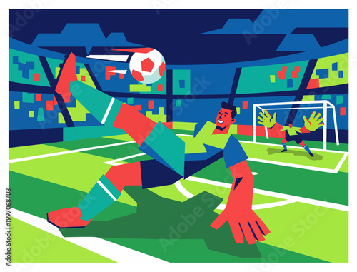 Dynamic Soccer Player Illustration Performing Overhead Bicycle Kick in Stadium. High energy football match vector for sports marketing, editorial posters, and athletic branding.