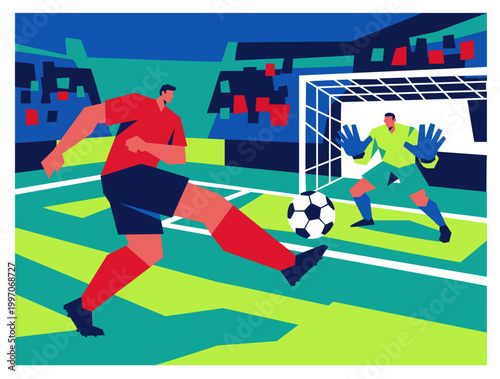 Stylized Soccer Player Kicking Ball to Goal in Flat Vector Illustration Stadium Scene