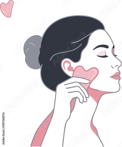 Woman performing facial gua sha massage with pink stone for skincare routine isolated on white background