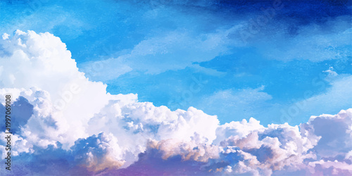 A beautiful view of fluffy white clouds floating in the clear blue summer sky creates a bright and peaceful nature cloudscape on a sunny day