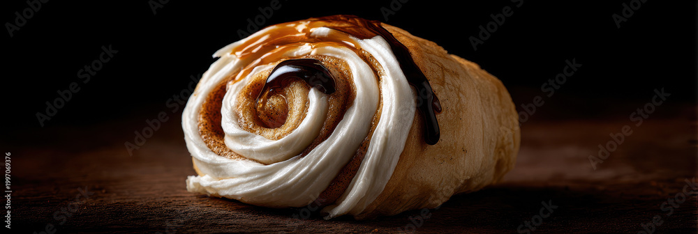 Obraz premium Cinnamon roll sweet pastry dessert icing swirl close up macro baked brown creamy indulgent delicious rustic wooden background snack treat bakery breakfast frosting glaze sugar homemade fresh