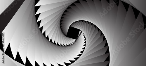 3d render of abstract black and white art of surreal 3d background with part of turbine jet engine with sharp blades in matte metal material or funnel in spiral pattern with hole in the centre