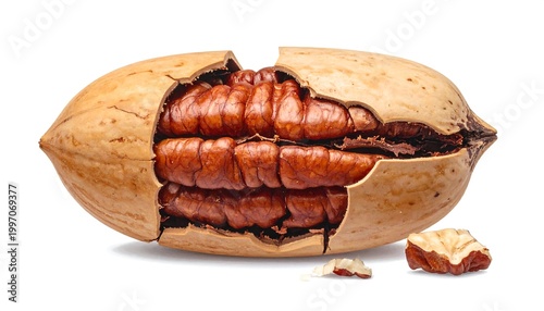 Close-up photograph showcasing a cracked nut revealing the edible, brown, and textured core, with a few pieces scattered nearby