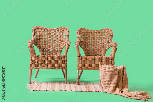 Wicker armchairs with plaid...