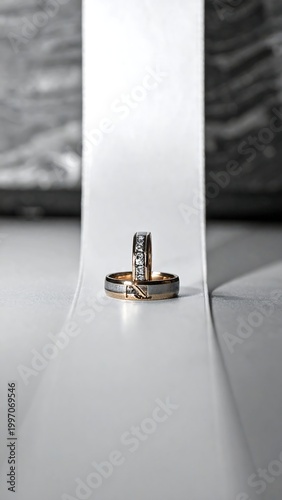 Close-up photograph showcasing two elaborate wedding bands, featuring diamonds and a two-toned metallic design, resting on a white, curved surface