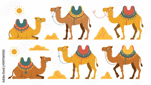Funny Cartoon Camel Set with Saddle and Desert Character Designs